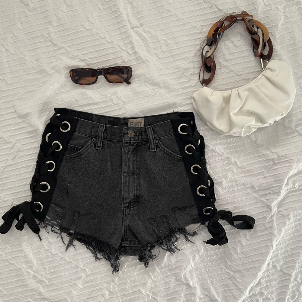 ★ Size 27 LF FURST OF A KIND Black Denim Shorts with Side Tie Detail